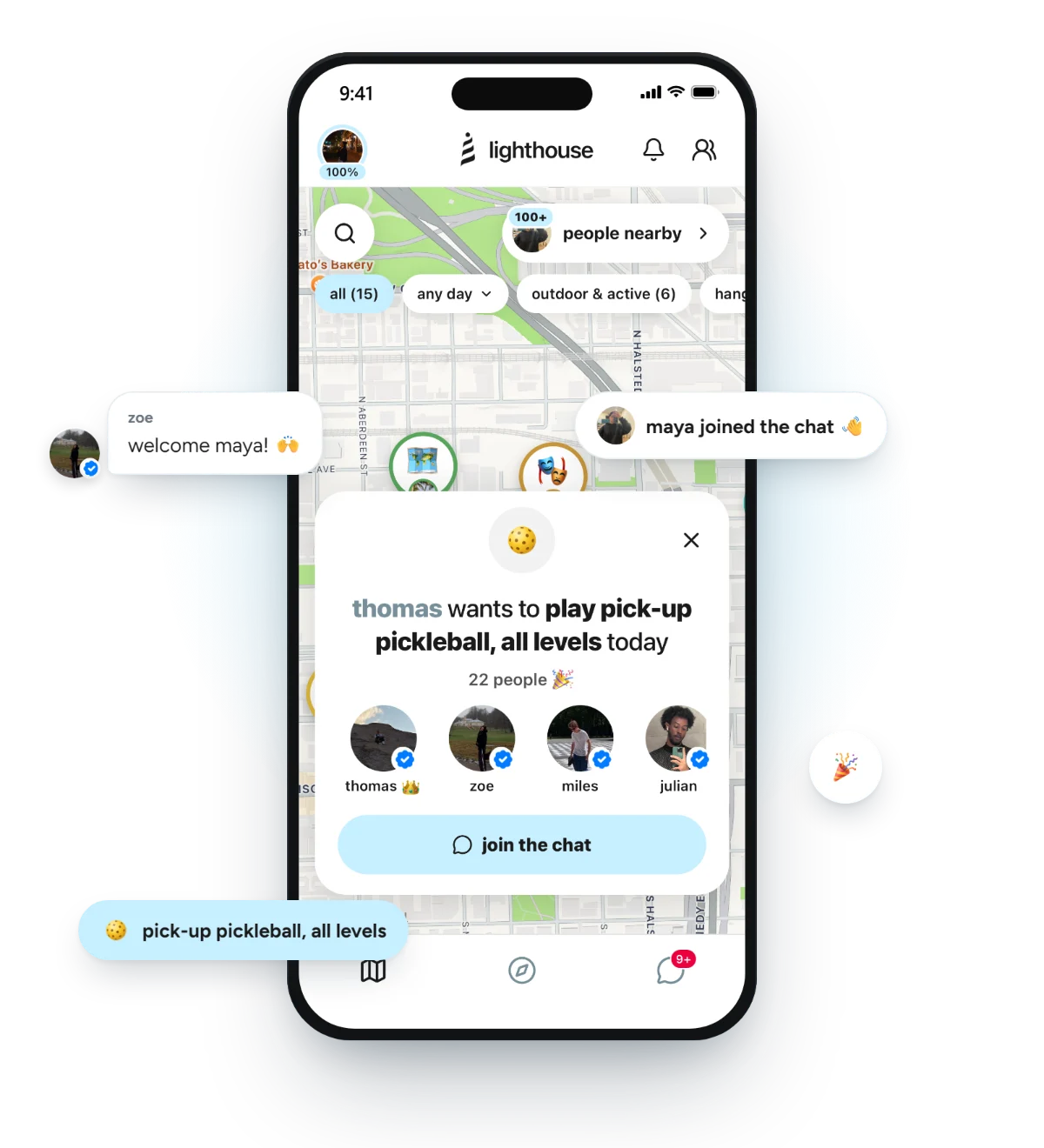 a pickleball activity with the people going and a join the chat button