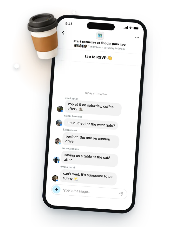 the group chat for a saturday zoo plan, where people agree to meet at the west gate