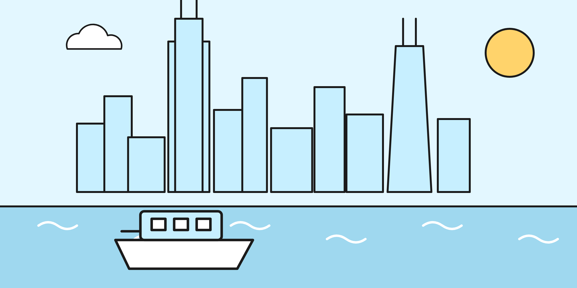 The skyline seen from the river with a tour boat